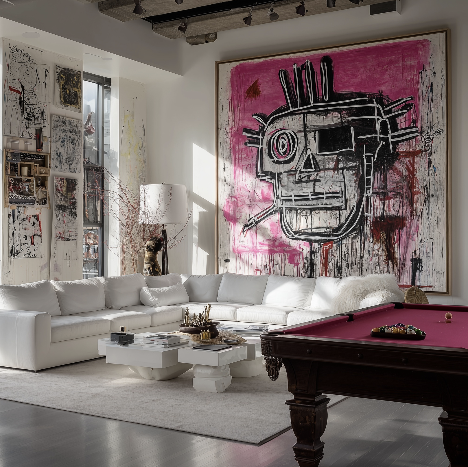 Living room with a large white sectional sofa, a pink pool table with balls, and a large abstract artwork of a skull on the wall. Natural light coming through windows on the left, with additional art on the wall and a floor lamp beside the sofa.