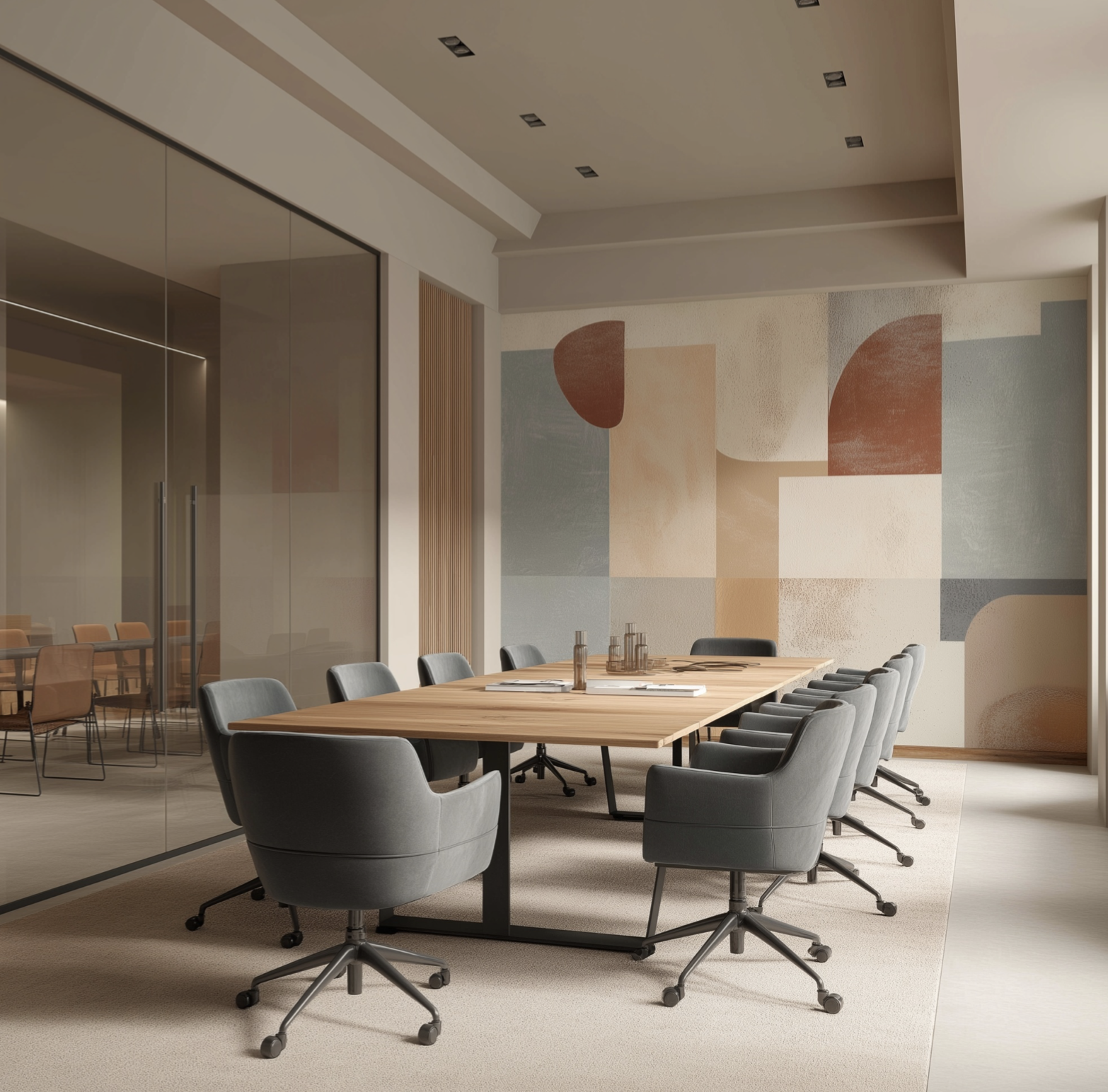 A modern conference room with a wooden table surrounded by grey office chairs, a beige carpet, a large abstract wall art, and glass walls.