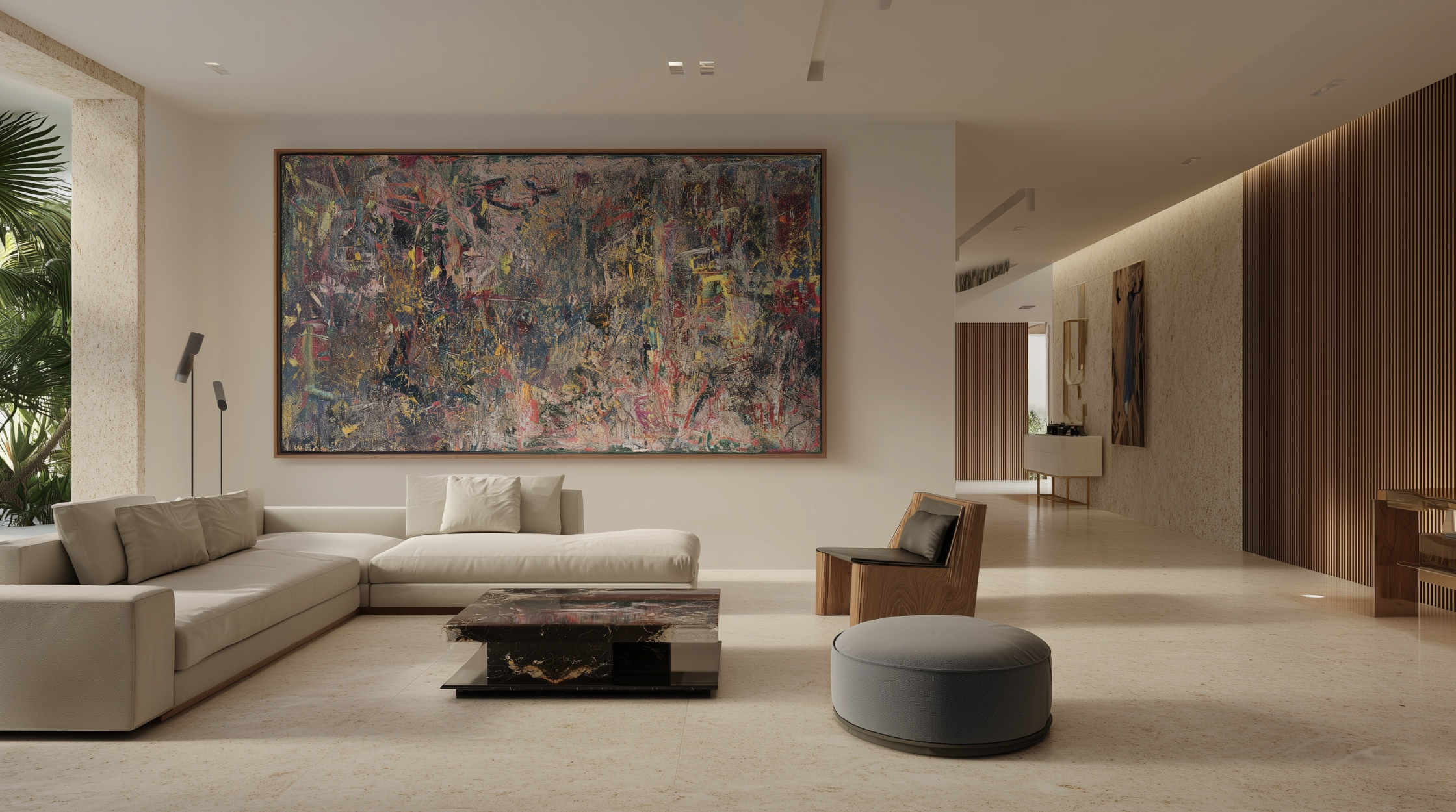 Modern living room with white sectional sofa, abstract colorful painting on the wall, marble coffee table, wooden chair, gray round ottoman, and natural light from large windows with greenery outside.