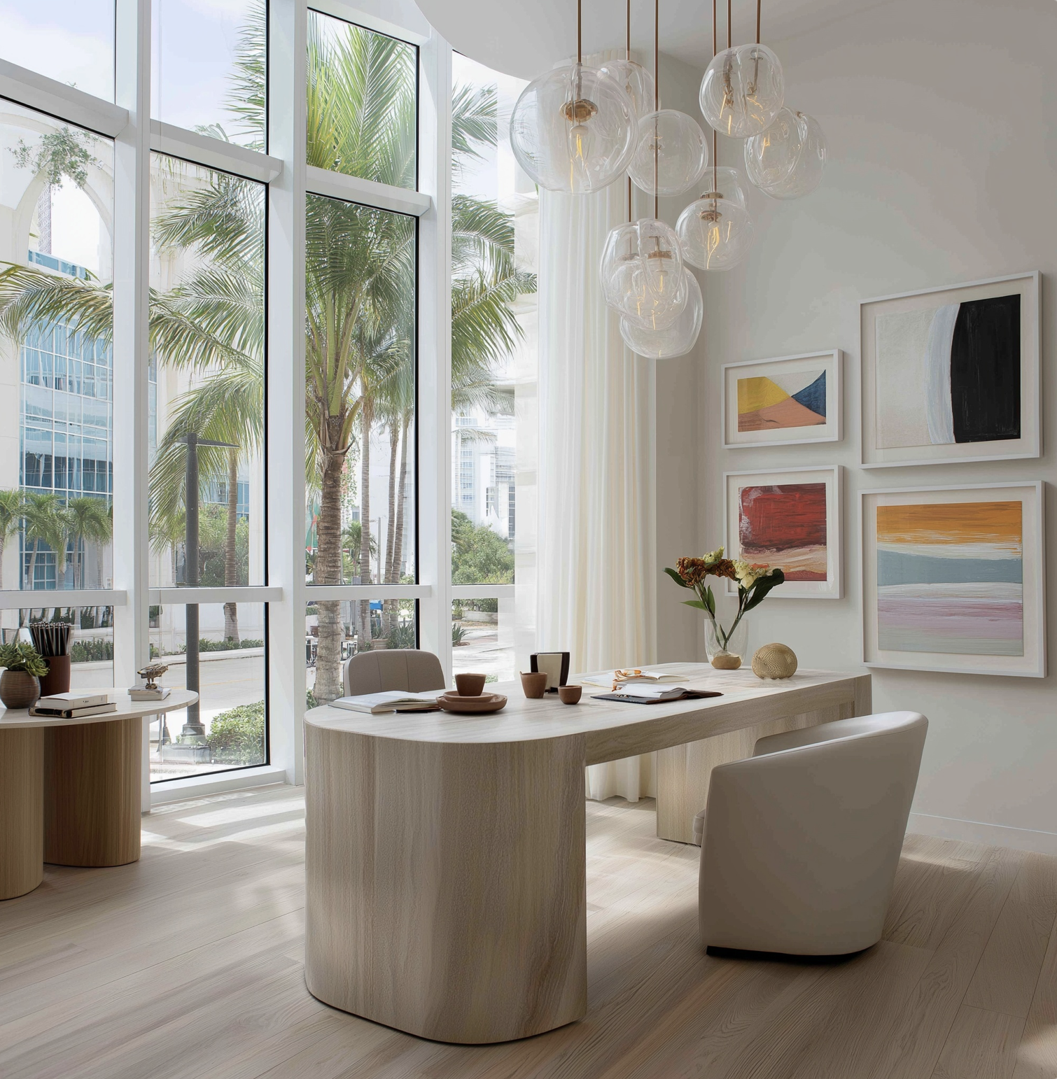 Modern office with large glass windows, wooden desk, abstract art on the wall, and tropical palm trees outside.
