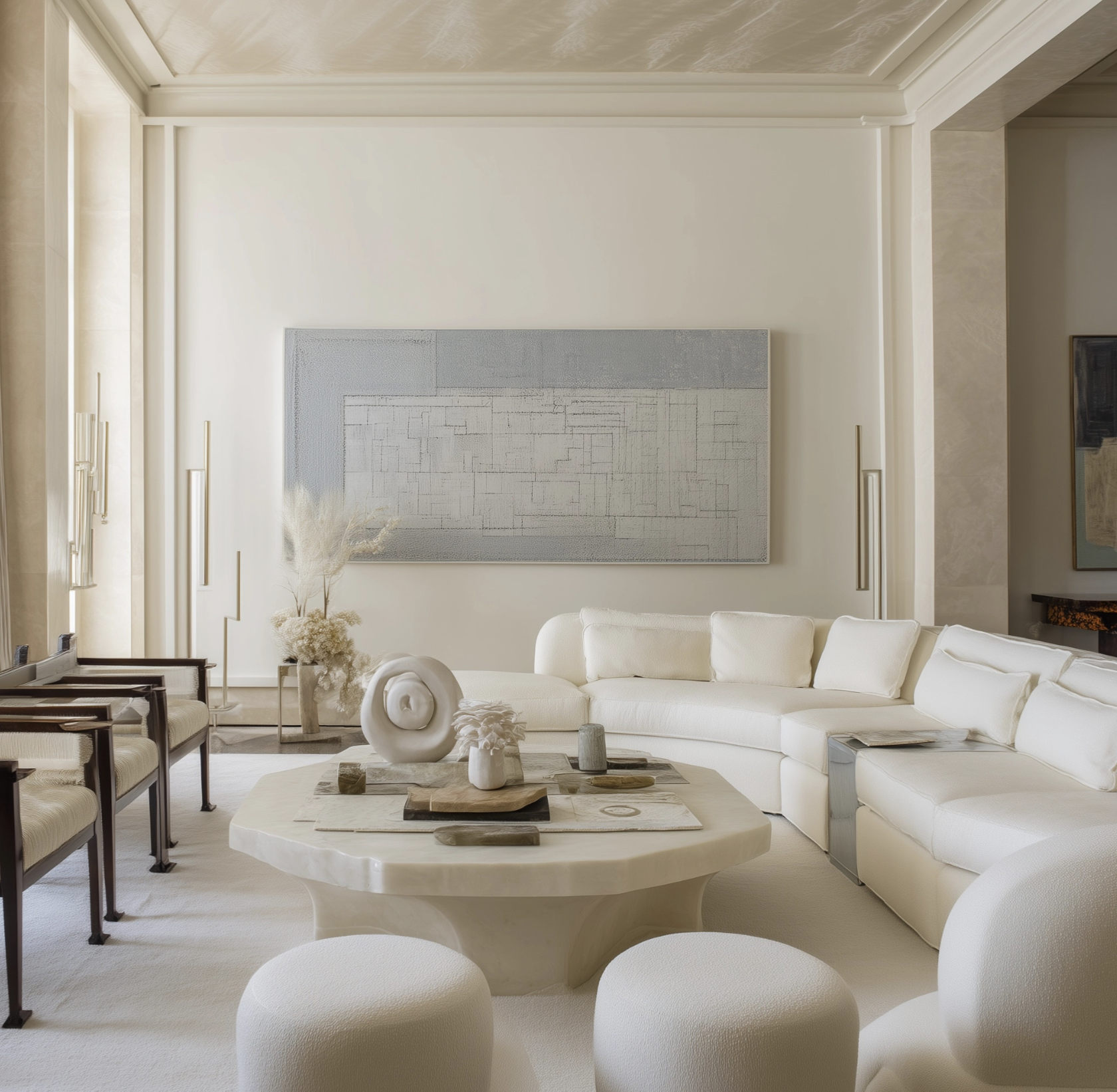 Minimalist living room with white sectional sofa, oval marble coffee table, modern sculptures, and abstract wall art in neutral tones.