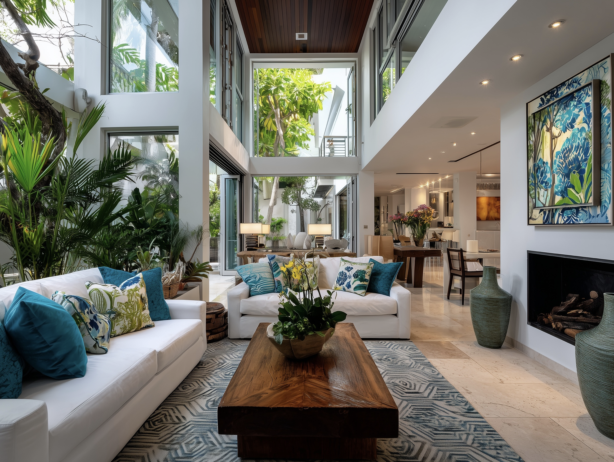 Modern living room with white couches, colorful pillows, large plants, a wooden coffee table, and a fireplace with large vases nearby. Open layout with a view of the indoor garden and dining area.
