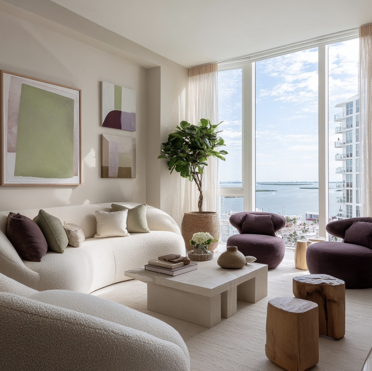 Modern living room with a large window view of water and buildings, featuring a white sofa with assorted pillows, purple armchairs, a potted plant, a white coffee table with books and decor, wooden stools, and abstract artwork on the wall.