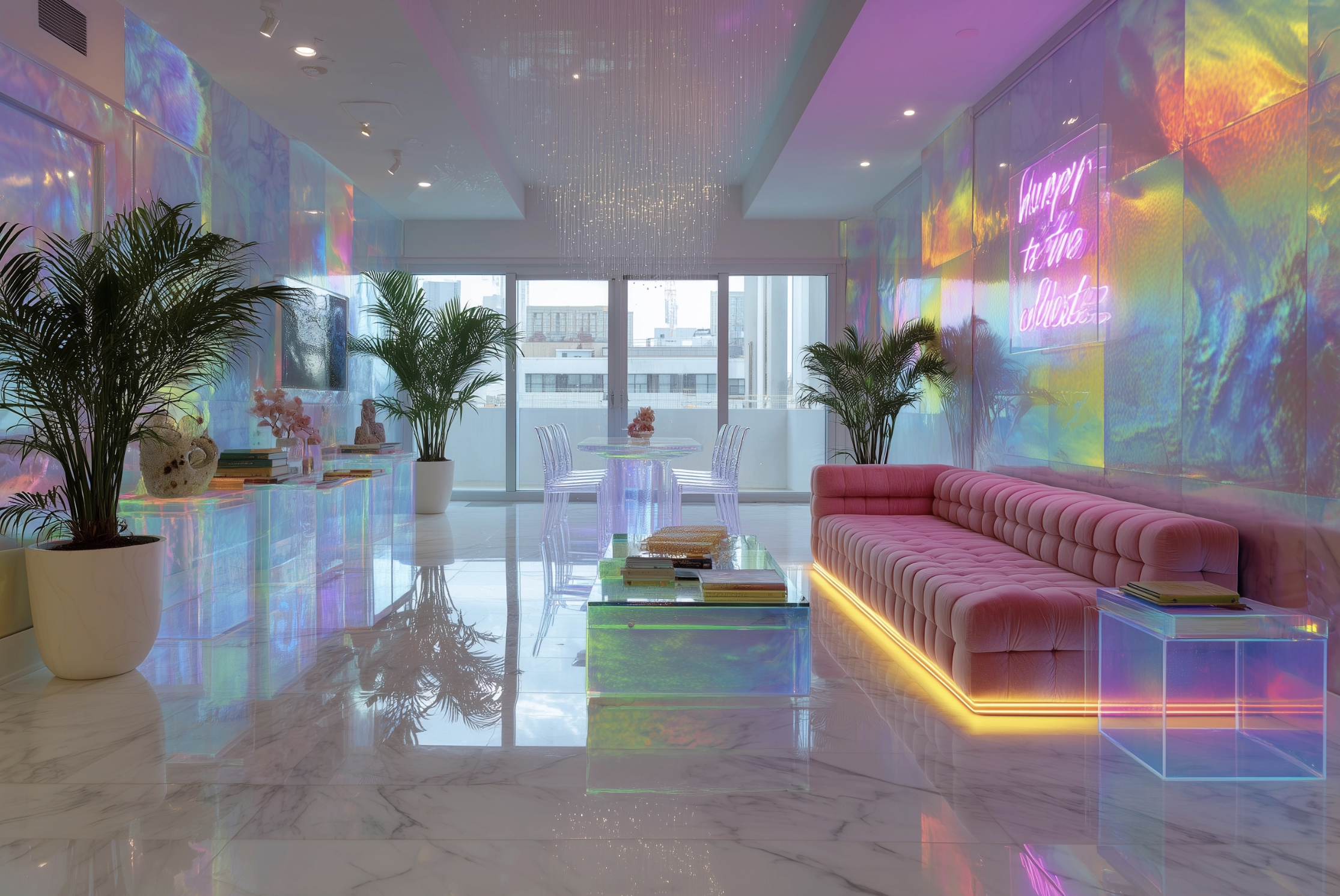 Modern living room with iridescent walls, pink tufted sofa, neon sign, potted plants, glass tables, books, and large windows with city view.