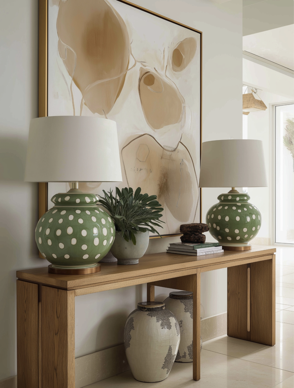 A wooden console table with two green polka-dotted table lamps, a potted plant, and some stacked books. A large abstract painting with beige and brown tones hangs above the table, and two large decorative vases sit underneath it.
