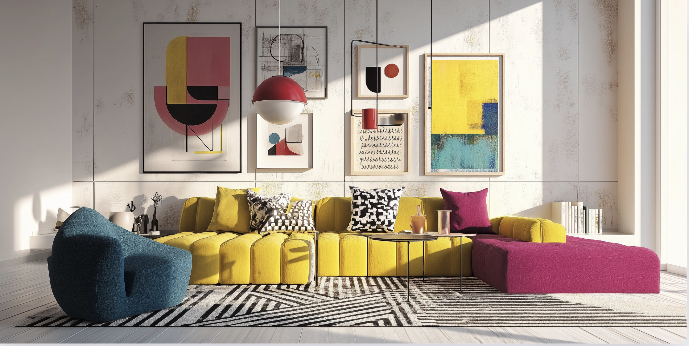 Modern living room with a yellow sectional sofa, a pink ottoman, and colorful geometric artwork on the wall.