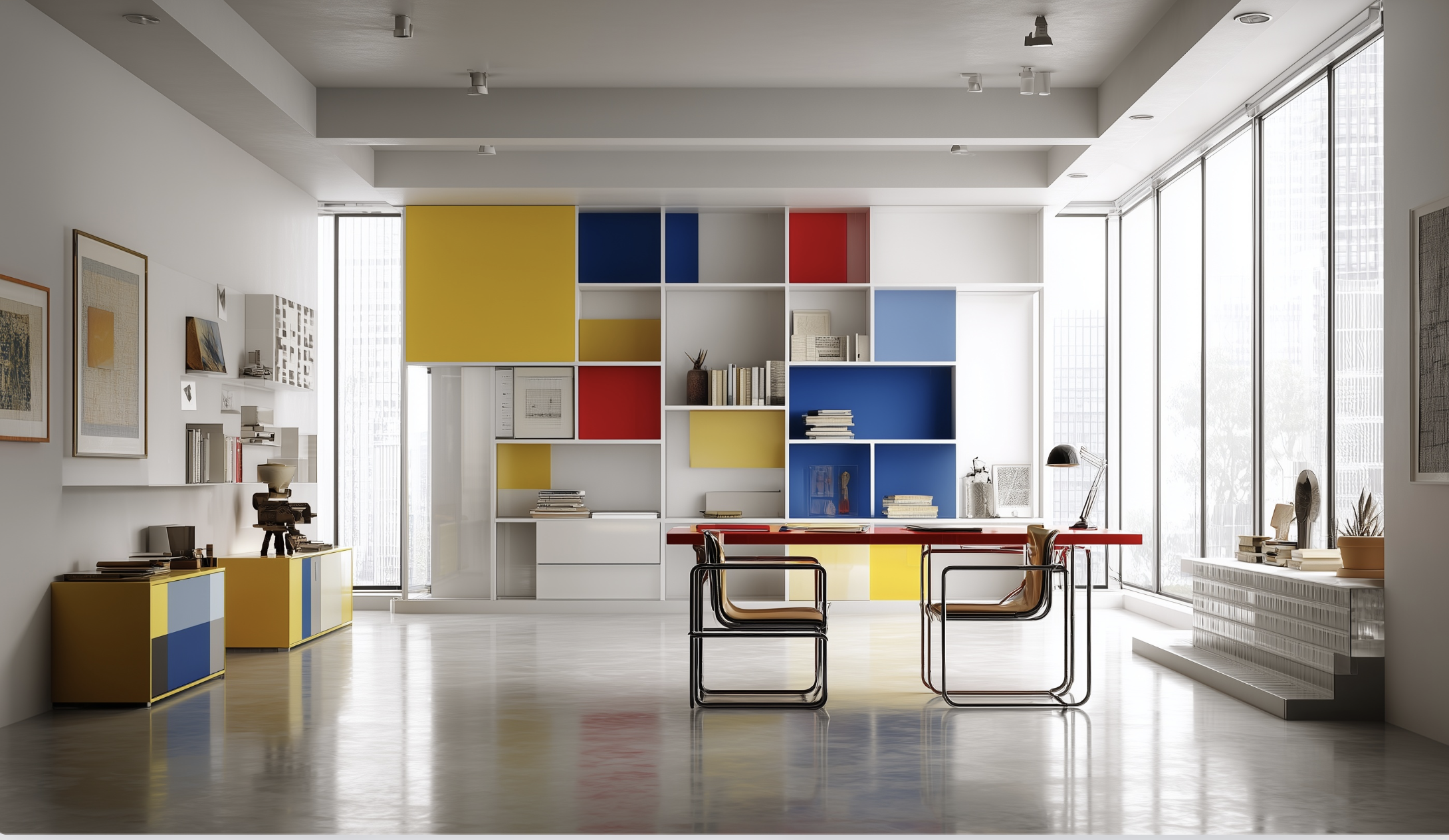 Modern office space with colorful shelving, a desk with two chairs, and large windows letting in natural light.