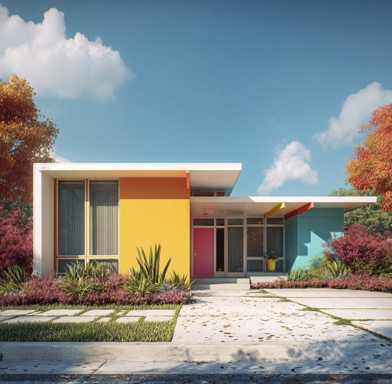 Colorful modern house with yellow, pink, and blue walls, surrounded by vibrant flowers and greenery under a blue sky with clouds.