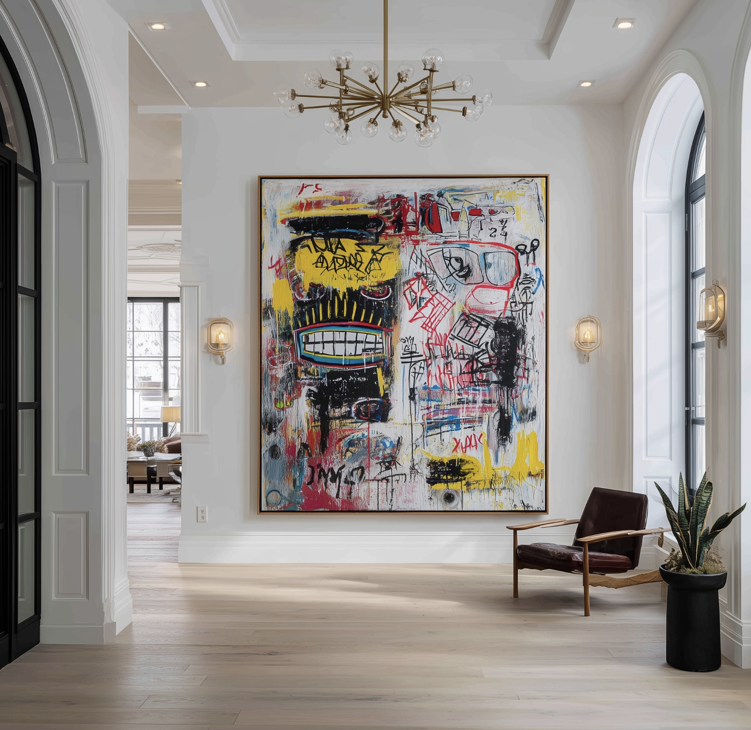 Modern interior with large abstract artwork, chandelier, and seating area with a plant.