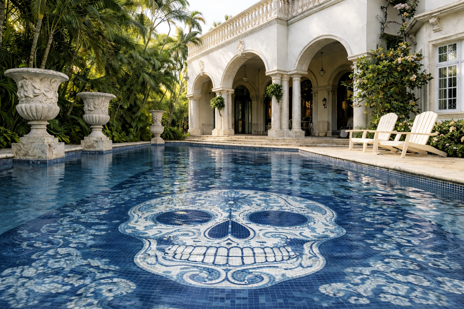 An elegant backyard with a luxurious pool in front of a classic white house with arches and columns, surrounded by greenery and decorative planters.