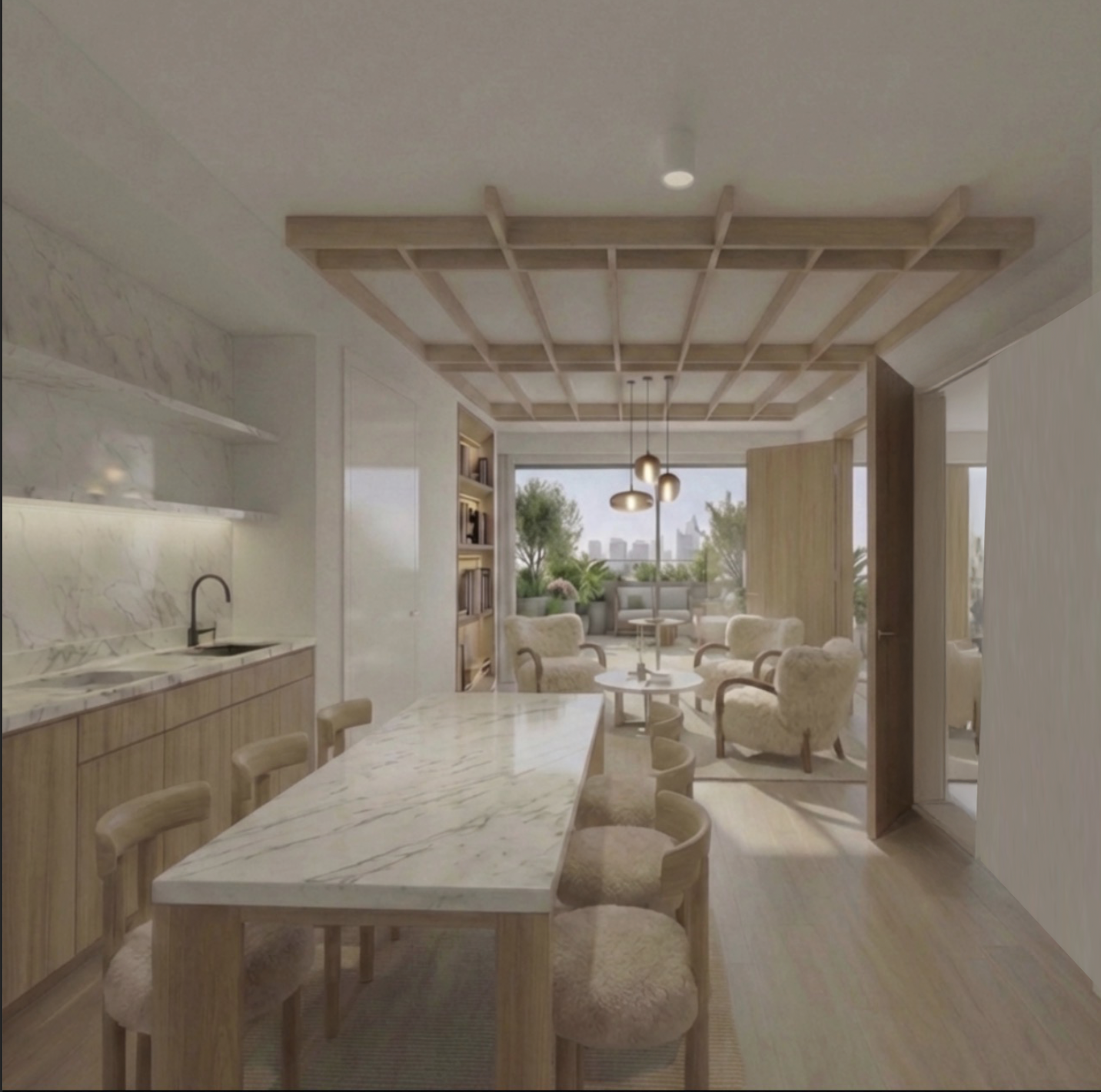 Modern open-plan living and dining area with marble surfaces, wooden accents, plush armchairs, a large window with a city view, and a ceiling with wooden grid design.