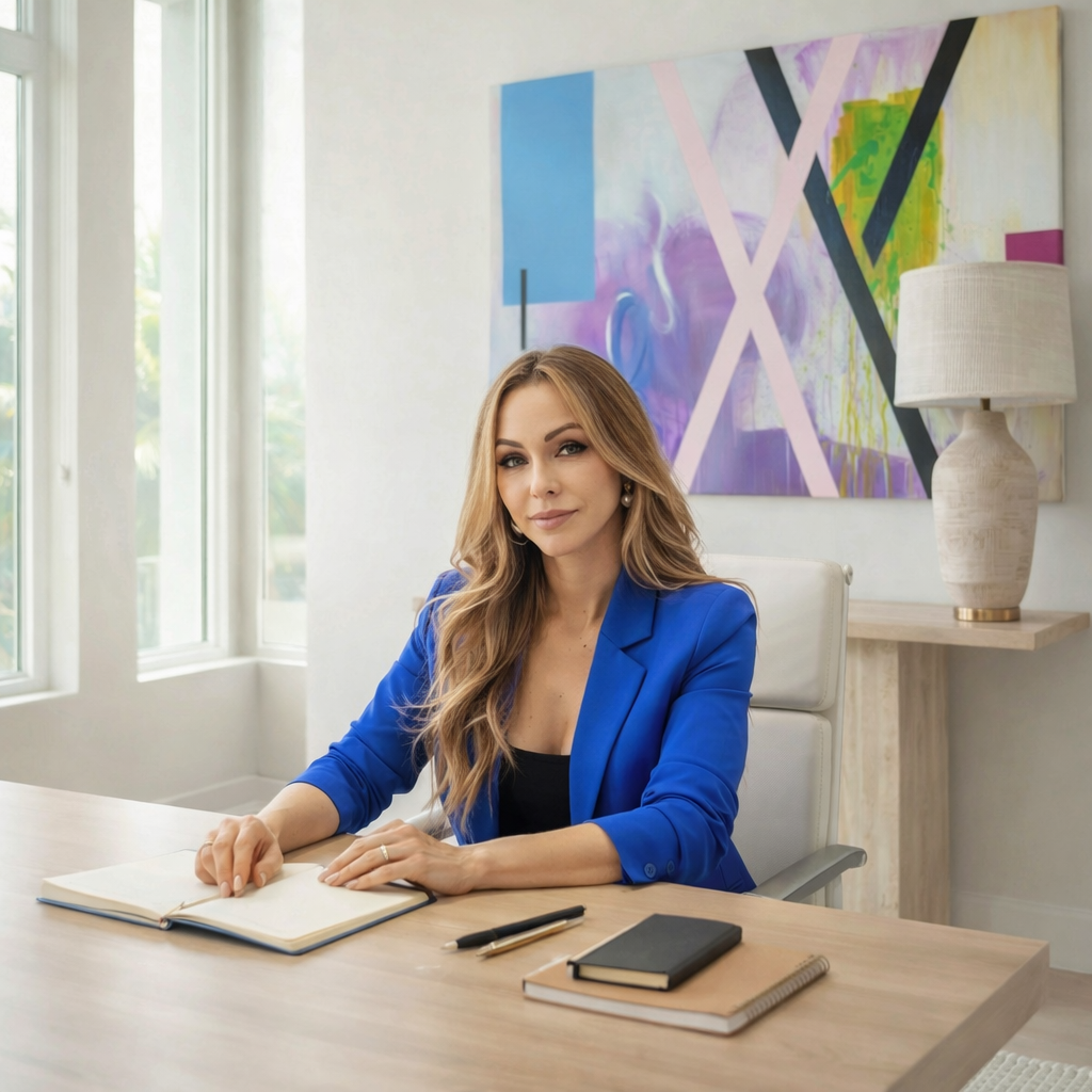 A woman with long blonde hair, wearing a bright blue blazer, sitting at a desk in an office, with an open notebook, pens, and a closed notebook on the desk. There is a large, colorful abstract painting and a beige table lamp behind her, with large windows letting in natural light.