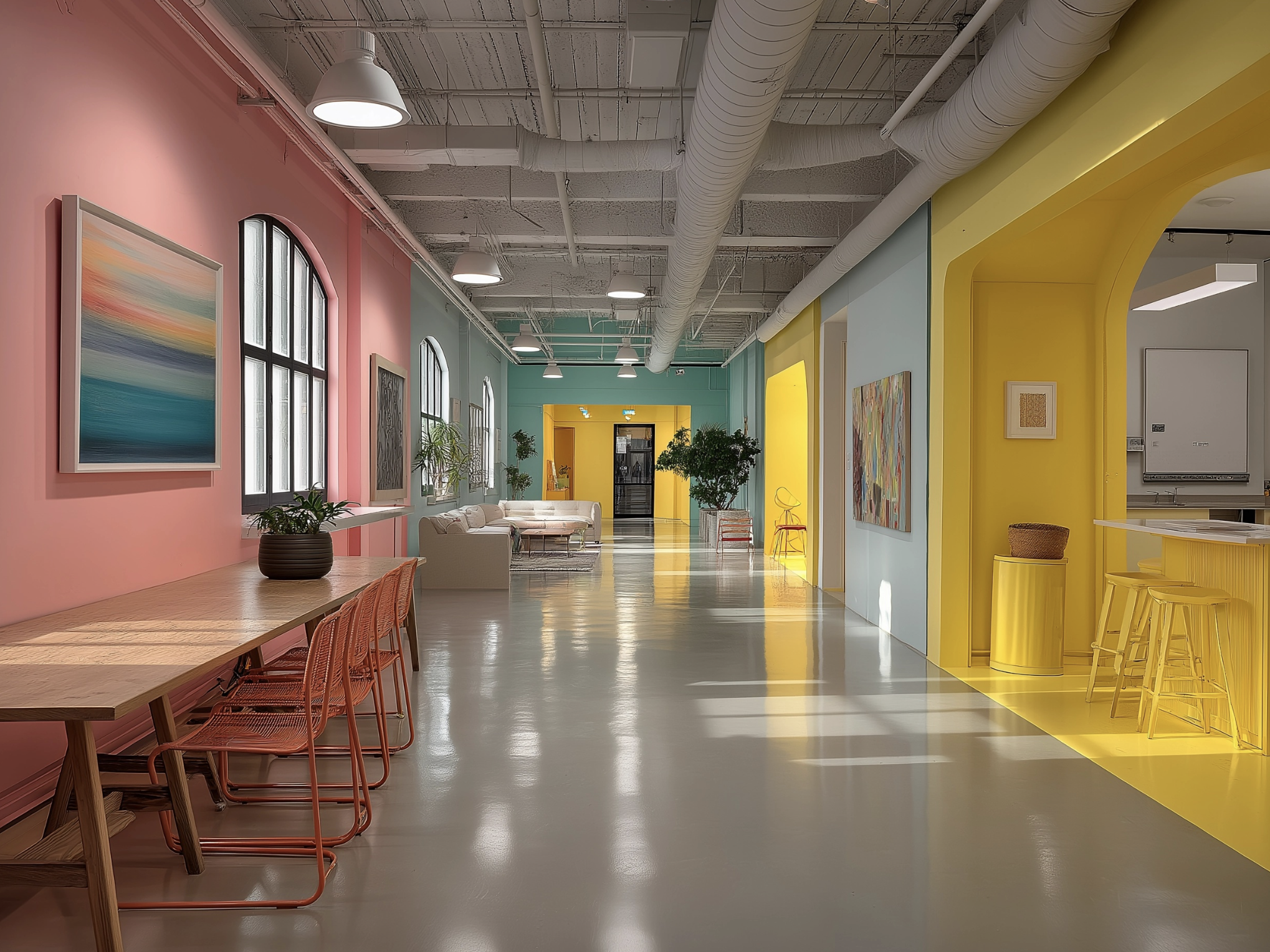 Colorful interior space with pink, blue, yellow, and green walls, large windows, plants, artwork, and seating areas.