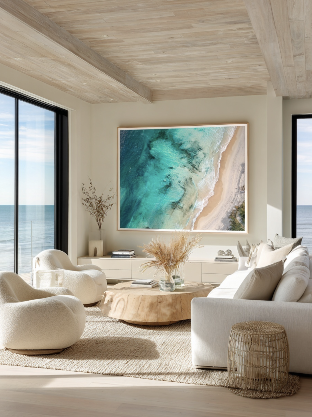 Beach-themed artwork hanging on a white wall in a bright, airy living room with large ocean-view windows, white couch, cream chairs, wooden coffee table, and coastal decor.