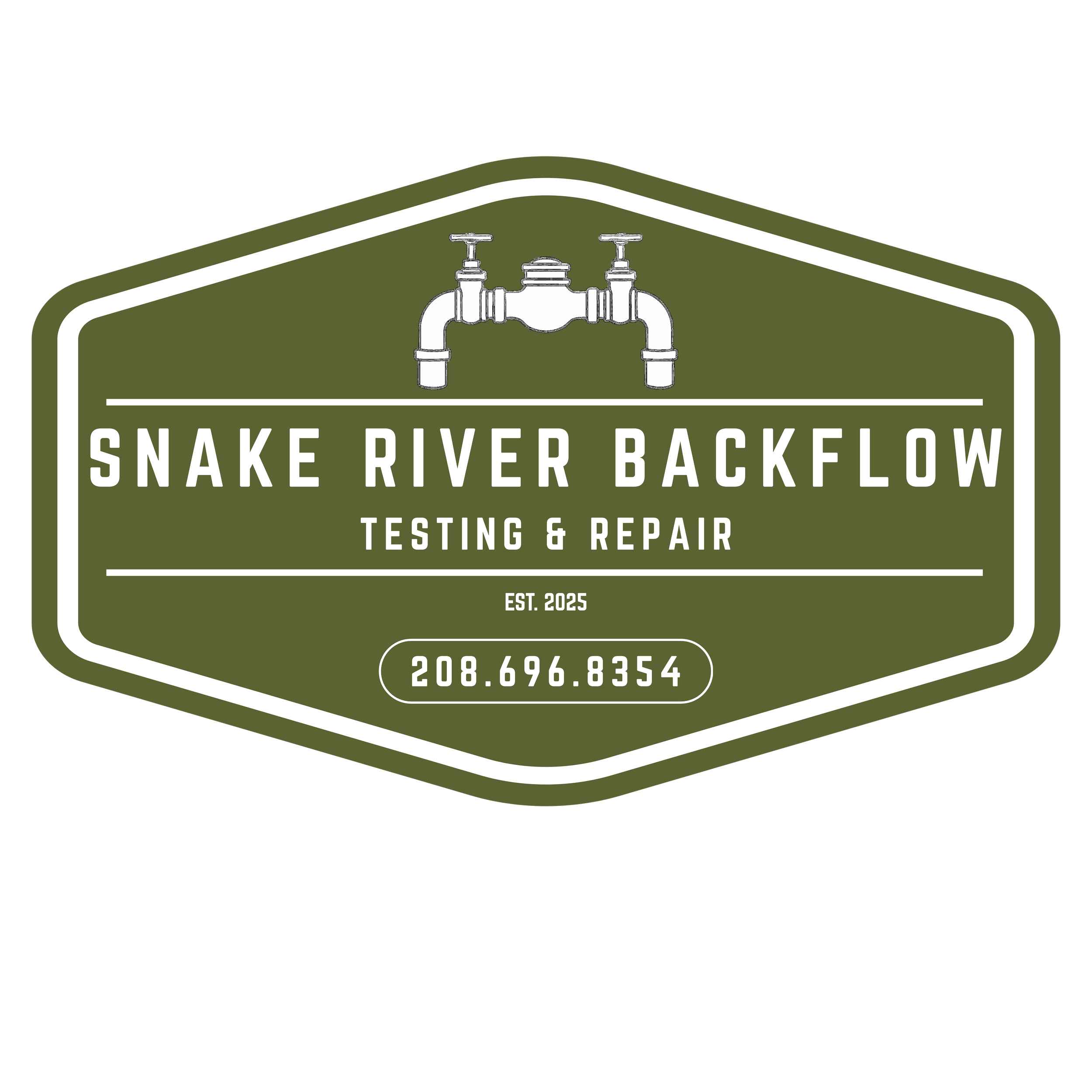Business logo for Snake River Backflow Testing & Repair, established in 2025, featuring an illustration of a faucet, with a phone number 208.696.8354