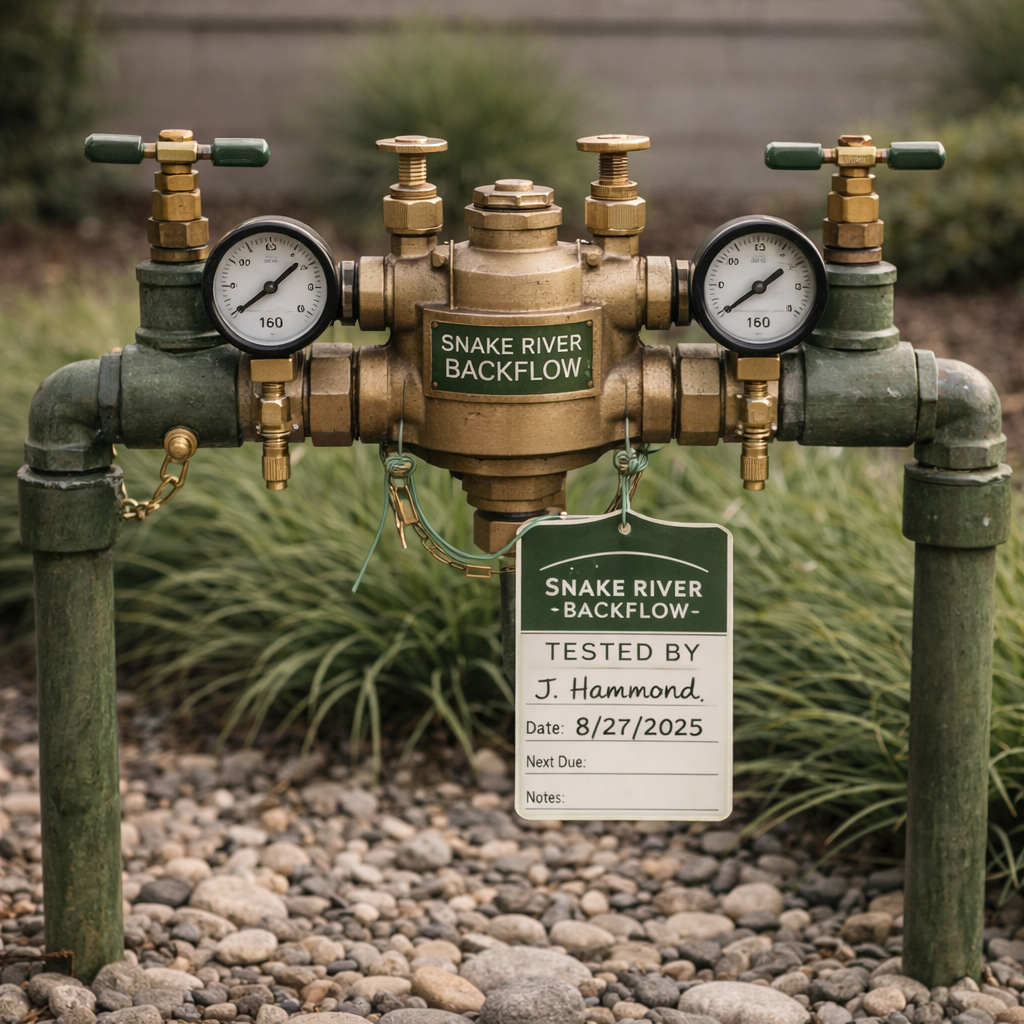 A backflow testing device for Snake River, with gauges and valves, situated outdoors on a gravel surface with plants in the background, and a testing record tag attached to it.