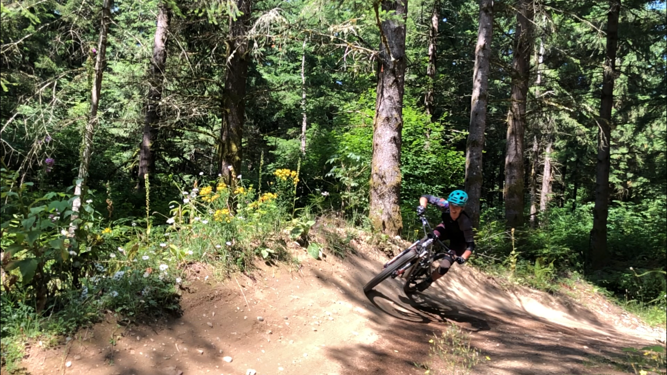 A person mountain biking on a dirt trail through a forest with tall trees and green foliage.