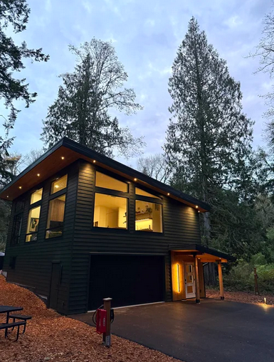 Modern black two-story house with large windows, surrounded by trees, during dusk with exterior lights on.