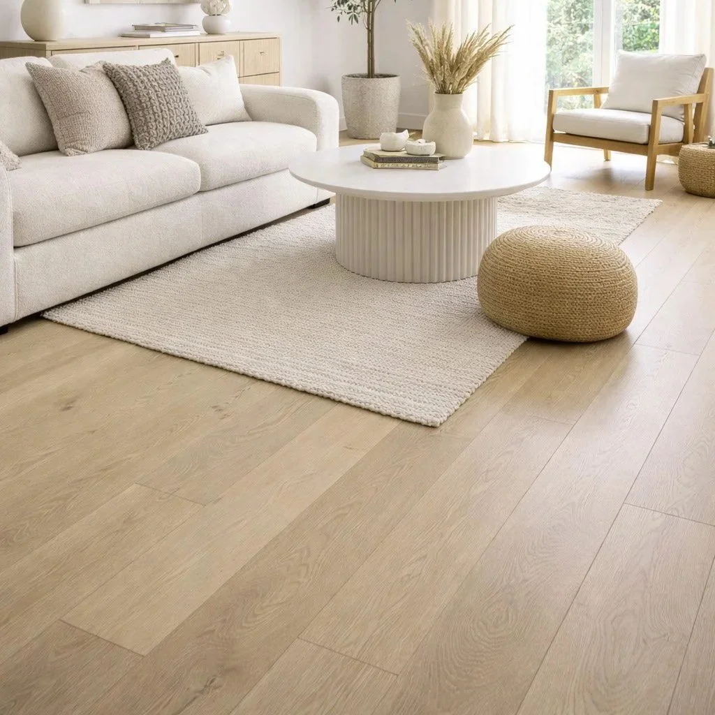 Bright living room with white sofa, beige throw pillows, round white coffee table, woven stool, armchair, and large window with sheer curtains, decorated in neutral tones.