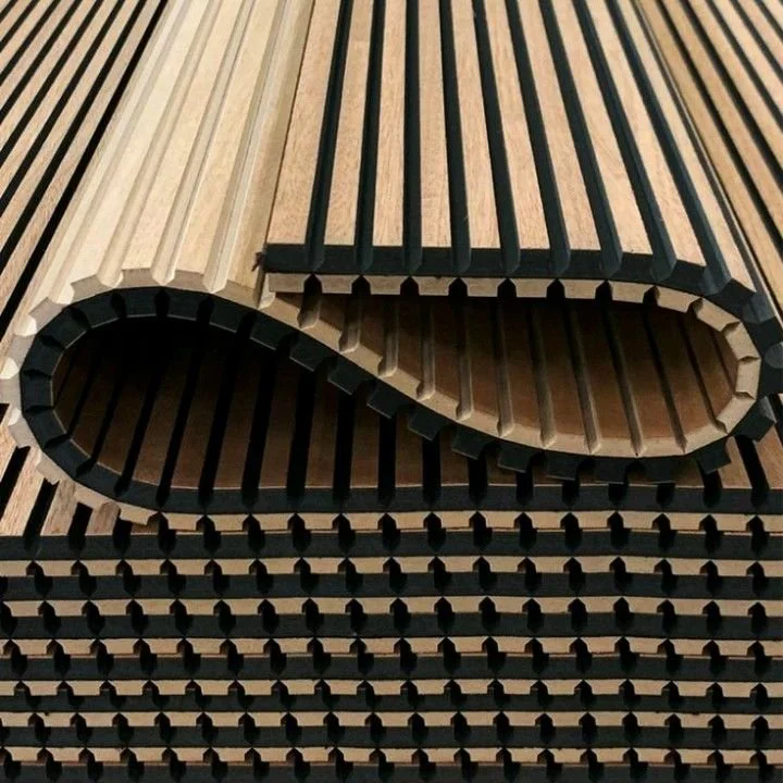 Close-up view of wooden and black rubber slats arranged in a layered pattern.