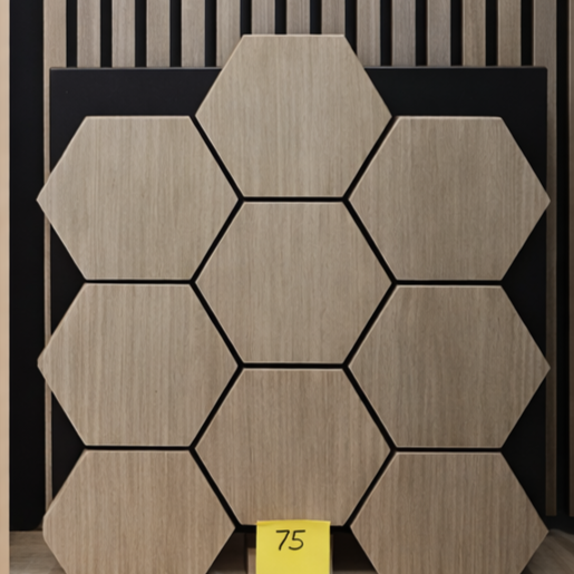 A geometric wall art piece with interconnected hexagon shapes made of light wood against a black background.