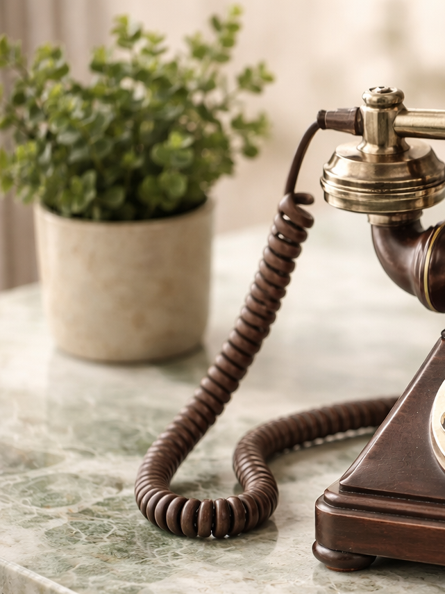 Close-up of a vintage telephone with a coiled cord on a green marble table, with a pot of green plant in the background.