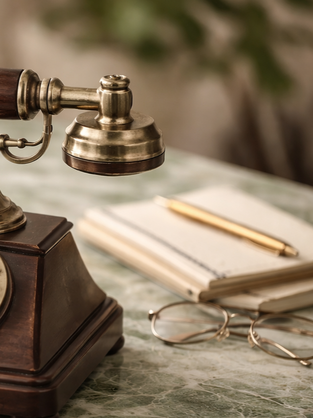 Vintage telephone, notebook with pen, and eyeglasses on a green marble table.