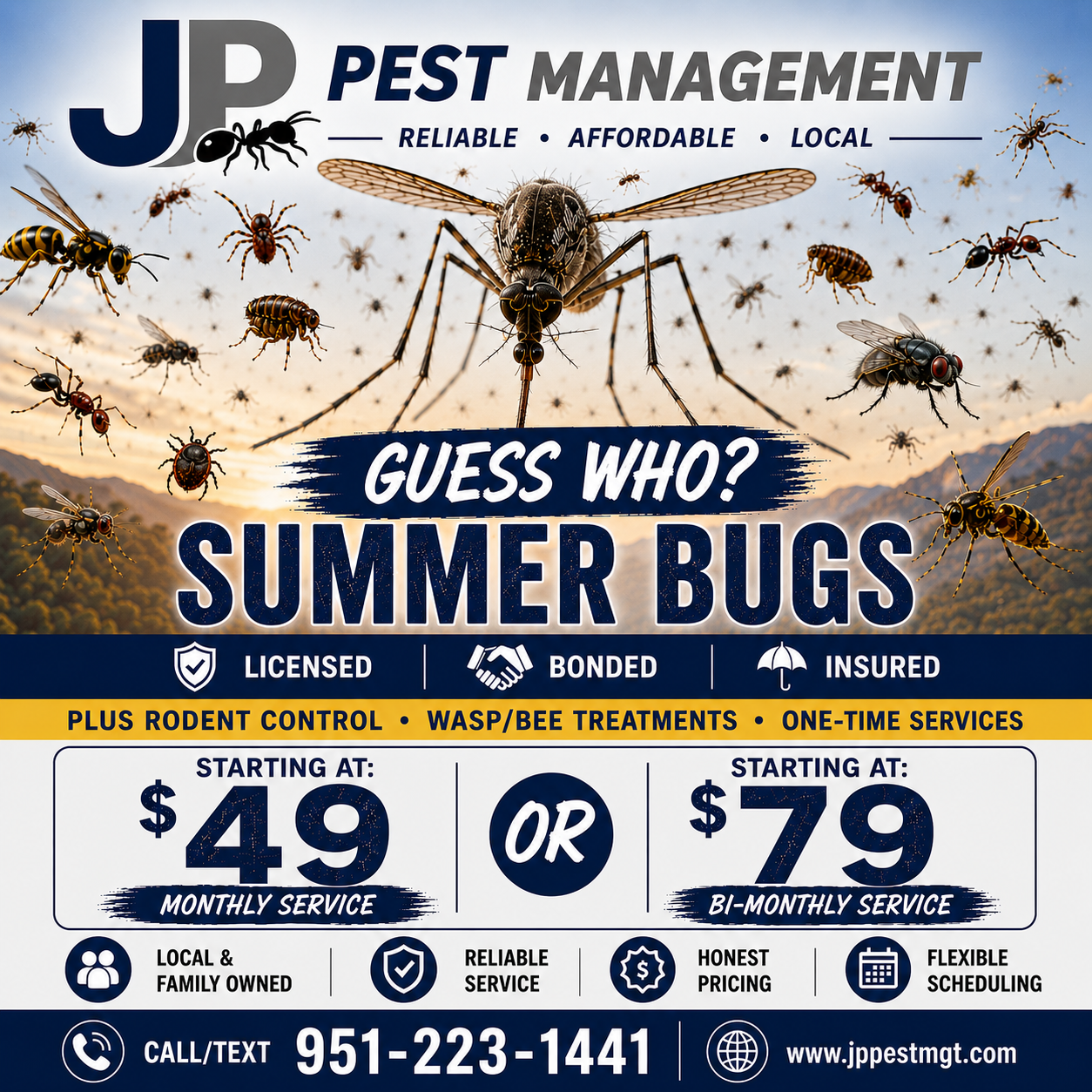 An advertisement for JP Pest Management featuring images of summer bugs like mosquitoes, ants, and wasps, with text about pest control services including rodent control and wasp/bees treatments, pricing options, licensing, and contact information.