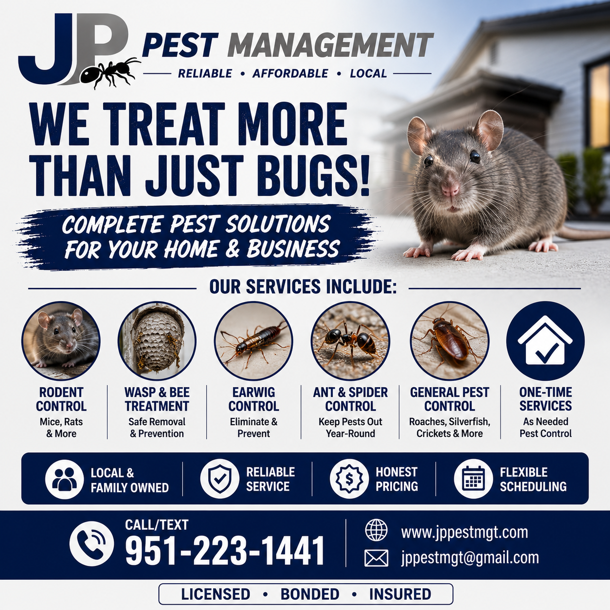 A pest management flyer with a close-up of a rat on the right side and various pest control service icons below, including rodent, wasp, earwig, ant, and general pest control with descriptions and contact information.