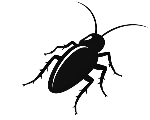 Black and white silhouette of a beetle with detailed legs and antennae.