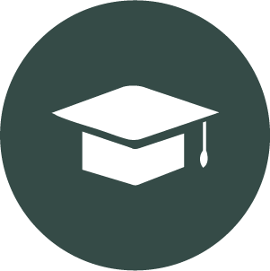 Graduation cap icon with a tassel on a dark green circular background.