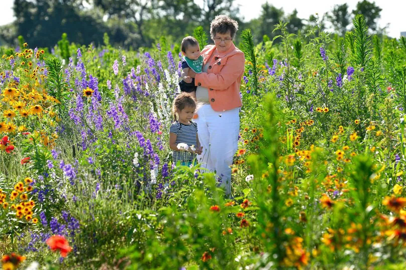 A woman with two children standing in a vibrant flower field with tall yellow, purple, white, and orange flowers.