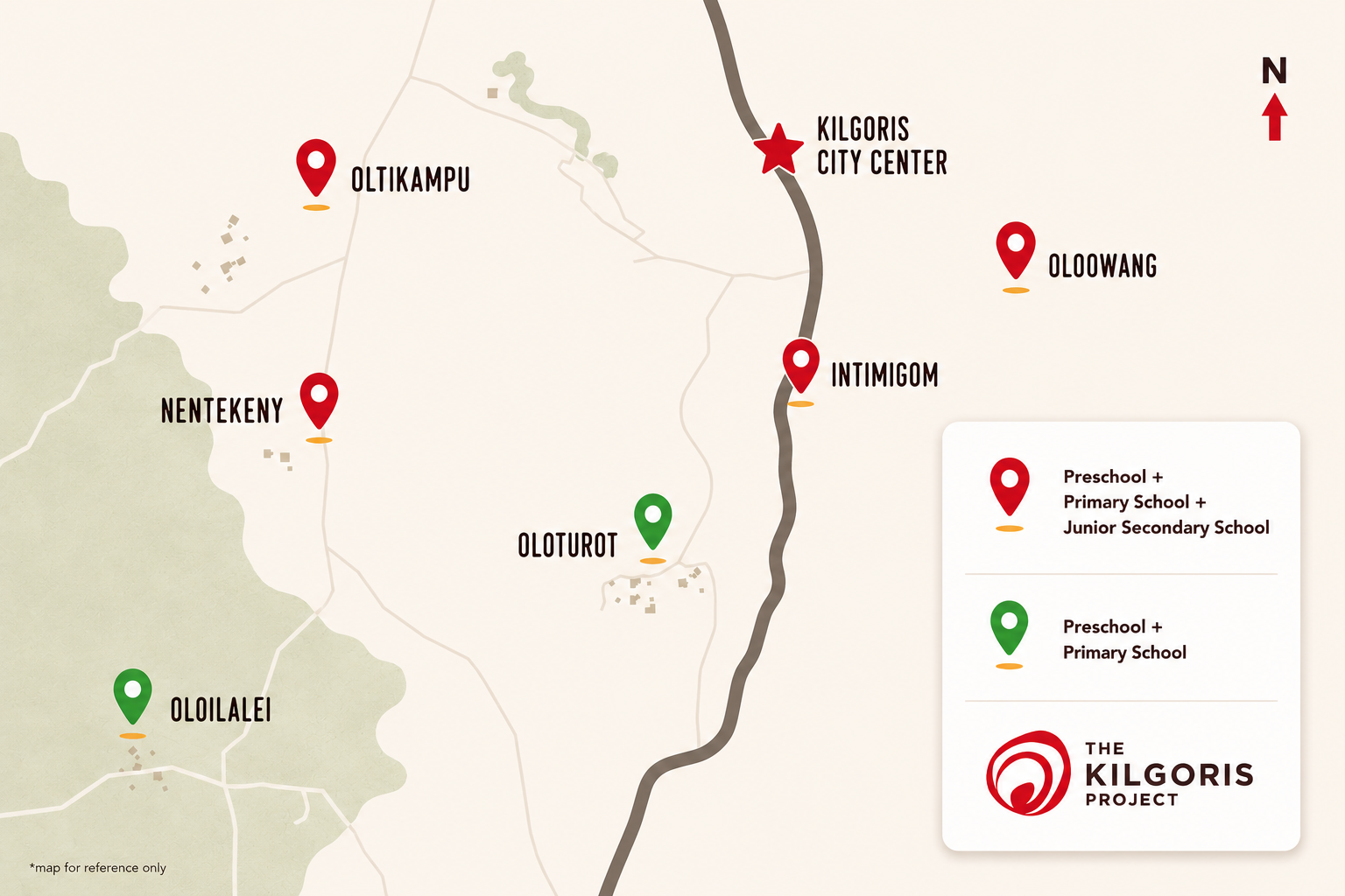 Map of Kilgoris Project schools showing locations of preschools, primary schools, and junior secondary schools with color-coded markers and a legend.