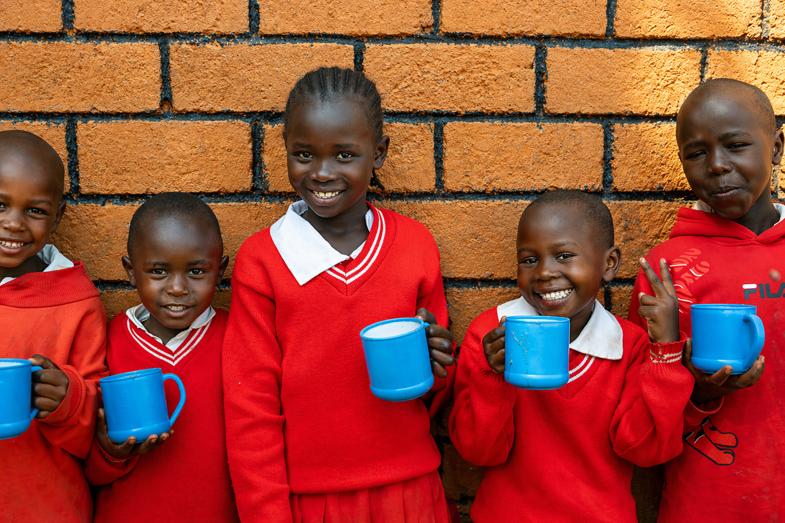 Children in red uniforms holding blue mugs standing against a brick wall, smiling.