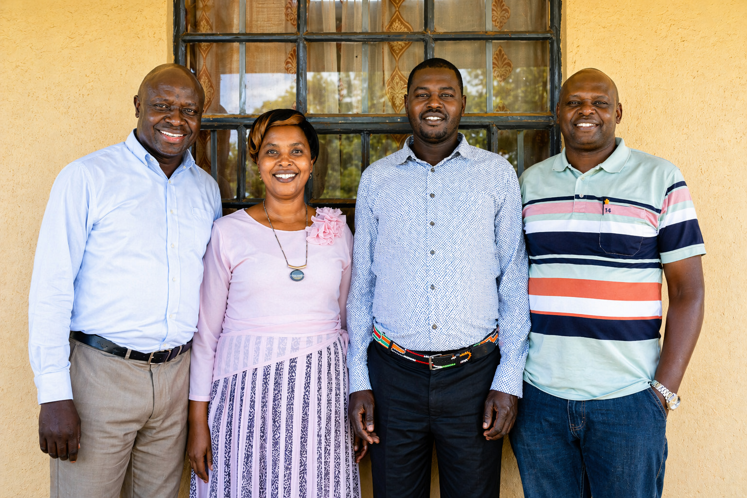 Four adults standing side by side in front of a window and yellow wall, smiling at the camera.