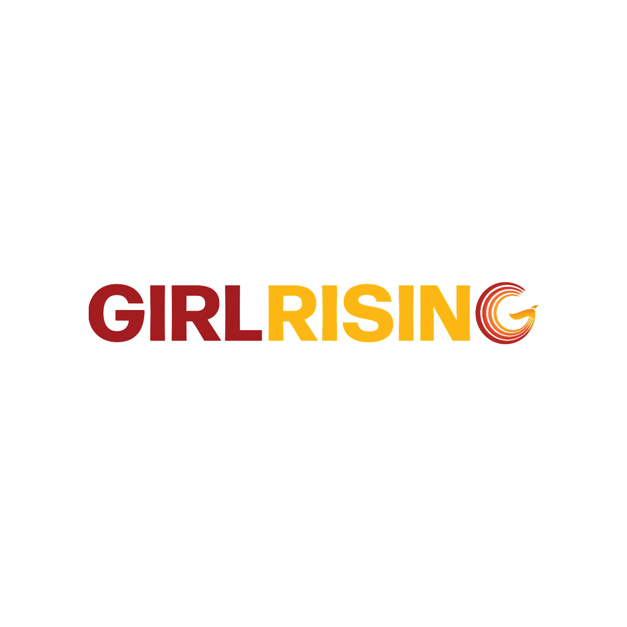 Logo with words 'GIRL RISING' in maroon, yellow, and orange text, and a circular emblem with shades of orange and red near the letter G.