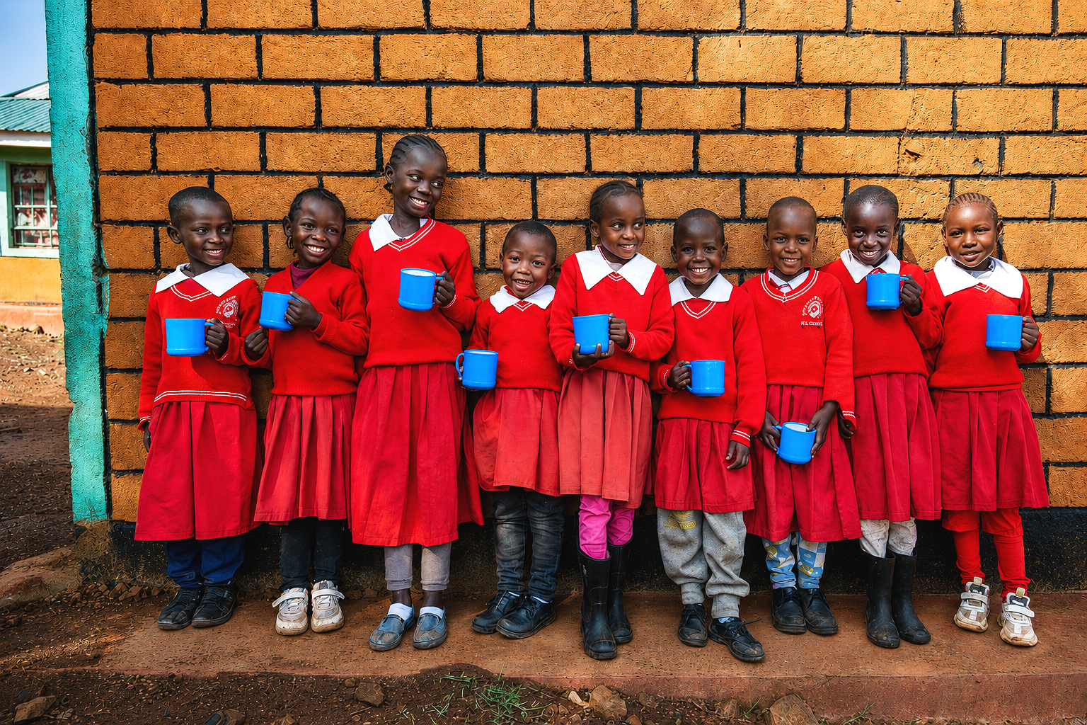 A group of ten young girls in red school uniforms holding blue cups, standing in front of an orange brick wall outdoors, smiling.