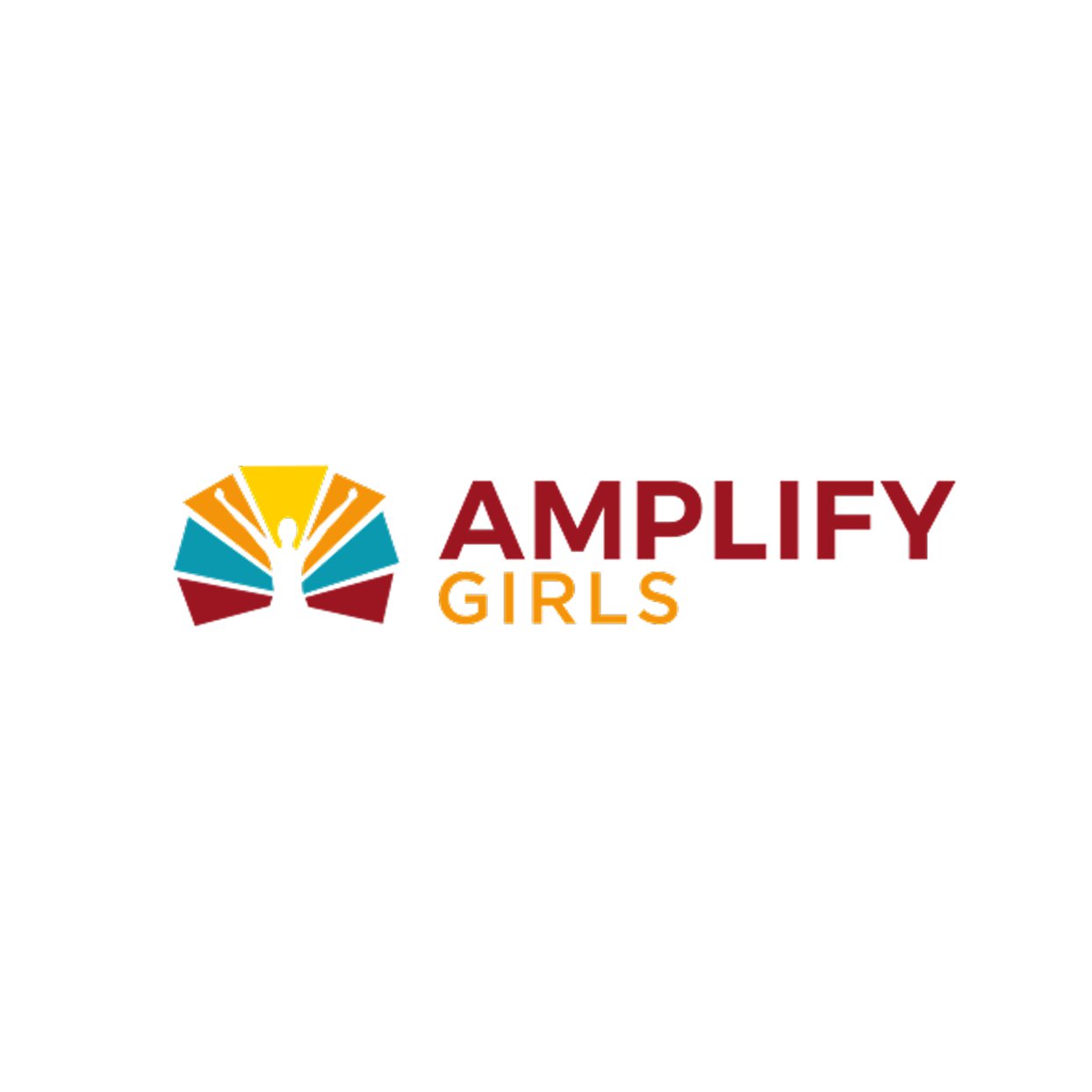 Logo for Amplify Girls featuring a stylized girl with arms raised, surrounded by colorful shapes, next to the text "AMPLIFY GIRLS" in bold red and yellow font.