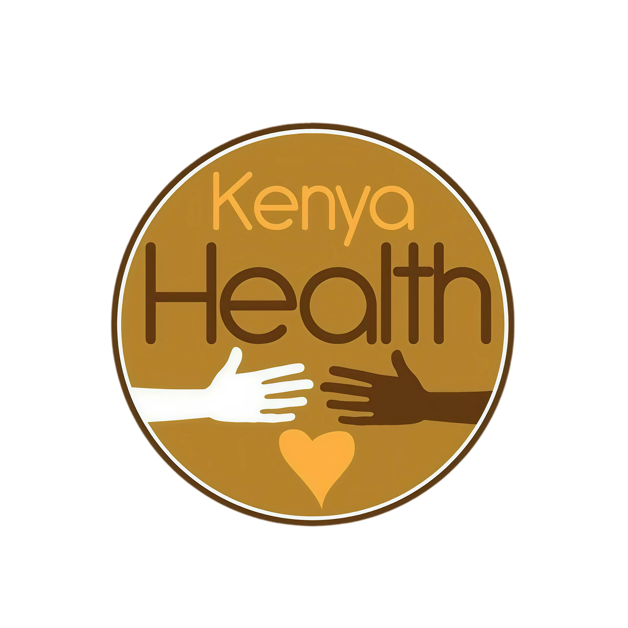 Logo with the words "Kenya Health," two hands reaching towards each other, one white and one brown, and a heart symbol, all inside a circular design.