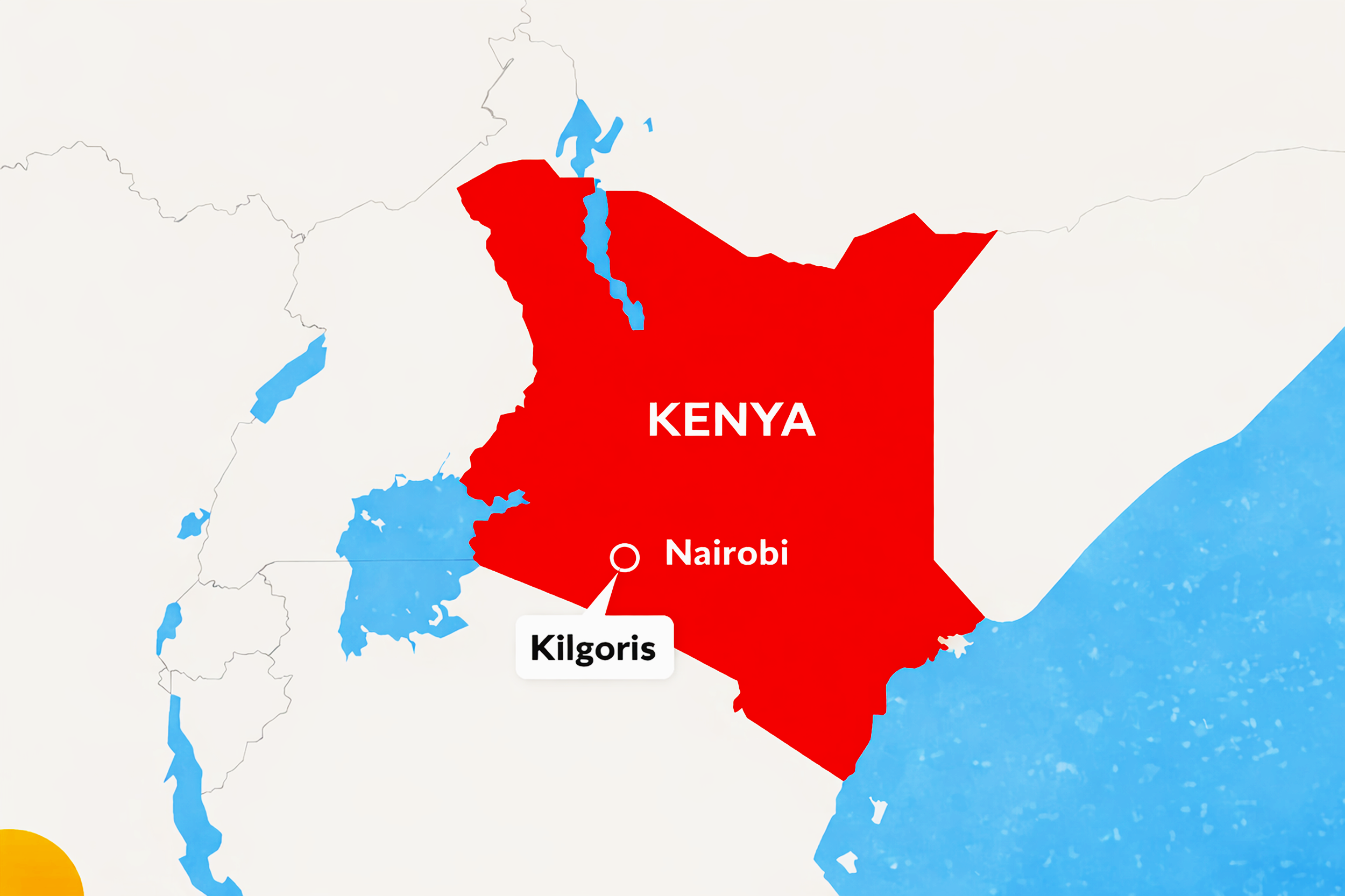 Map highlighting Kenya in red, with Nairobi labeled, and highlights of Lake Victoria, Lake Turkana, and Lake Kabaru.