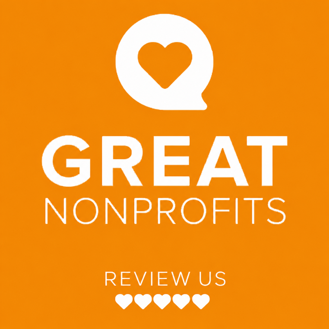 Logo of Great Nonprofits featuring a heart inside a speech bubble, with the text "GREAT NONPROFITS" and "REVIEW US" on an orange background