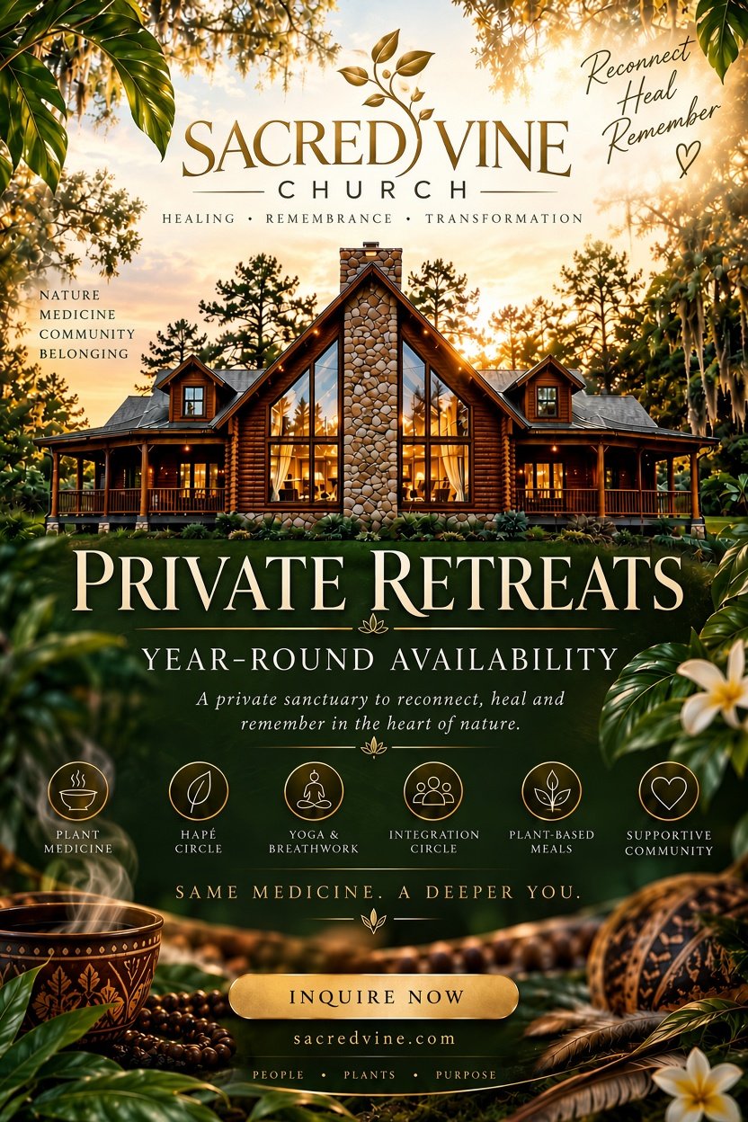 An advertisement for Sacred Vine Church promoting private retreats available year-round in a natural, forested setting with a large wooden house. The ad emphasizes healing, remembrance, and transformation through plant medicine, yoga, and community activities.