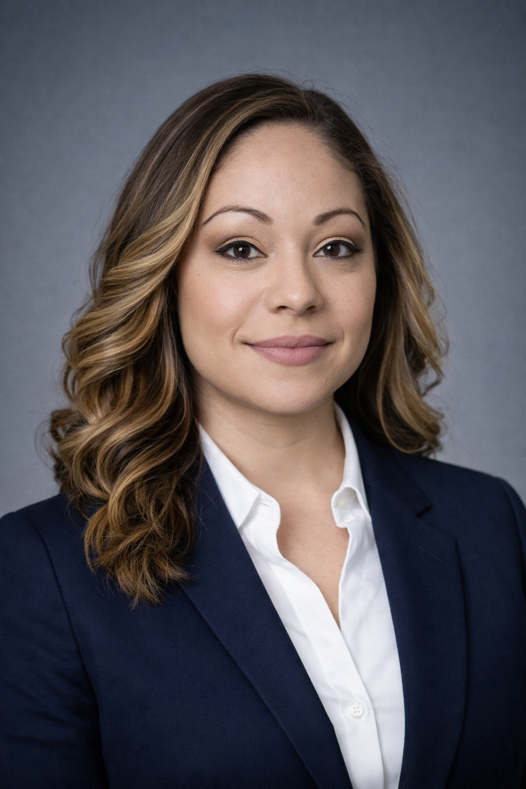 Portrait of a woman with wavy brown hair, wearing a navy blazer and white blouse, smiling softly against a gray background.