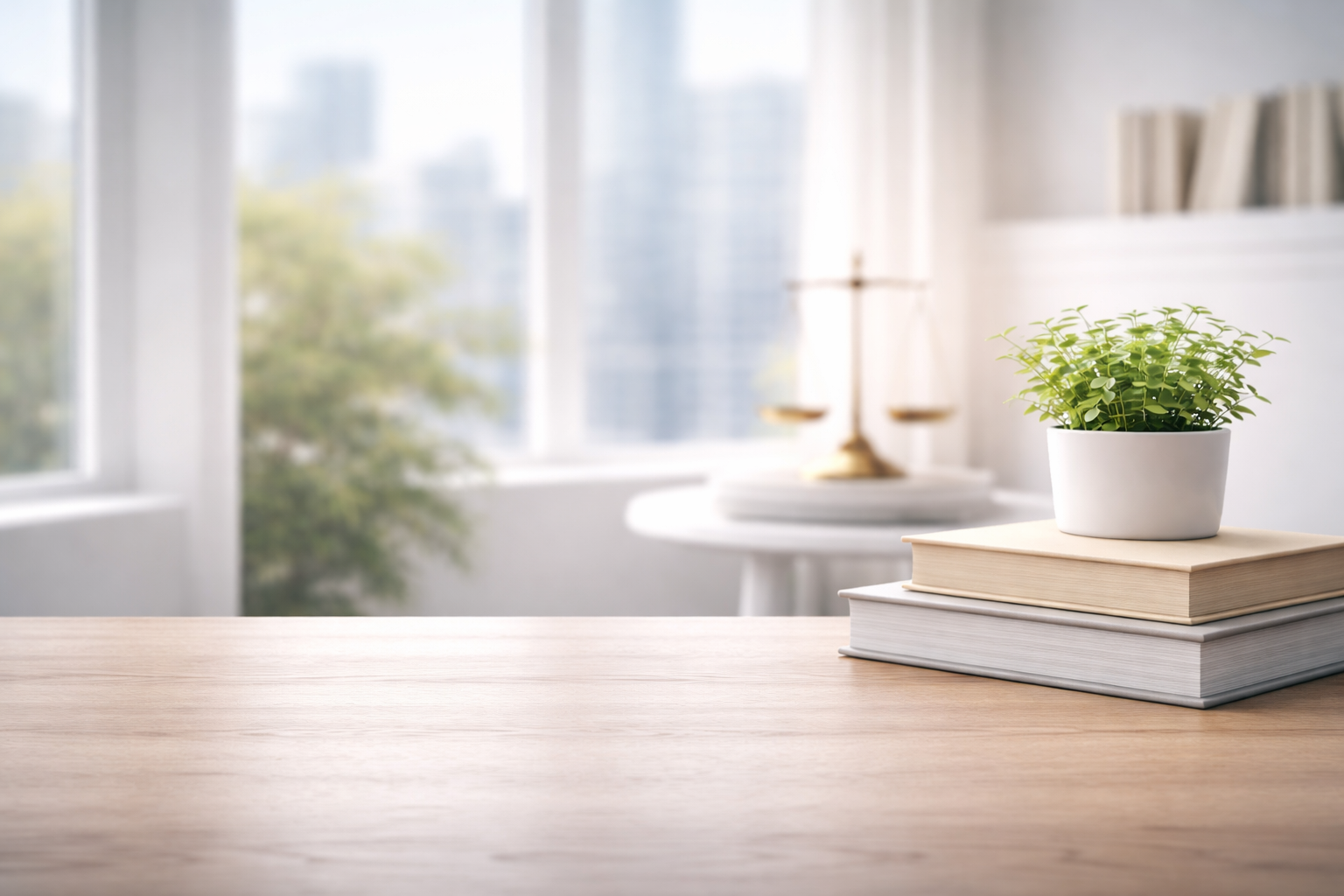 A stack of three books with a potted green plant on top, placed on a wooden table in a bright room with large windows and blurred background elements.