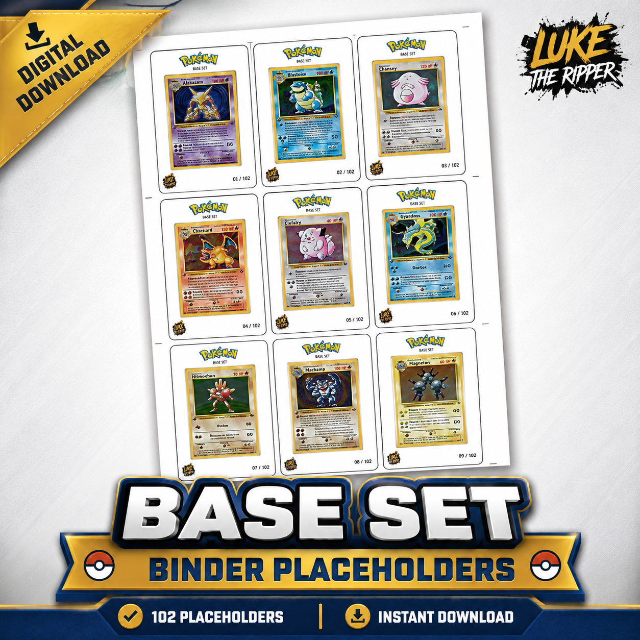 Pokémon Base Set Binder Placeholders (102 Cards) | Printable PDF Digital Download