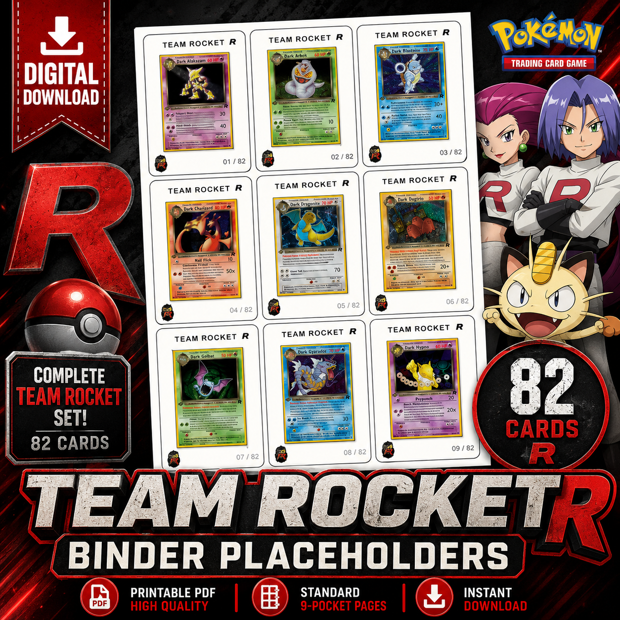 Pokémon Team Rocket Binder Placeholders (82 Cards) | Printable PDF Digital Download
