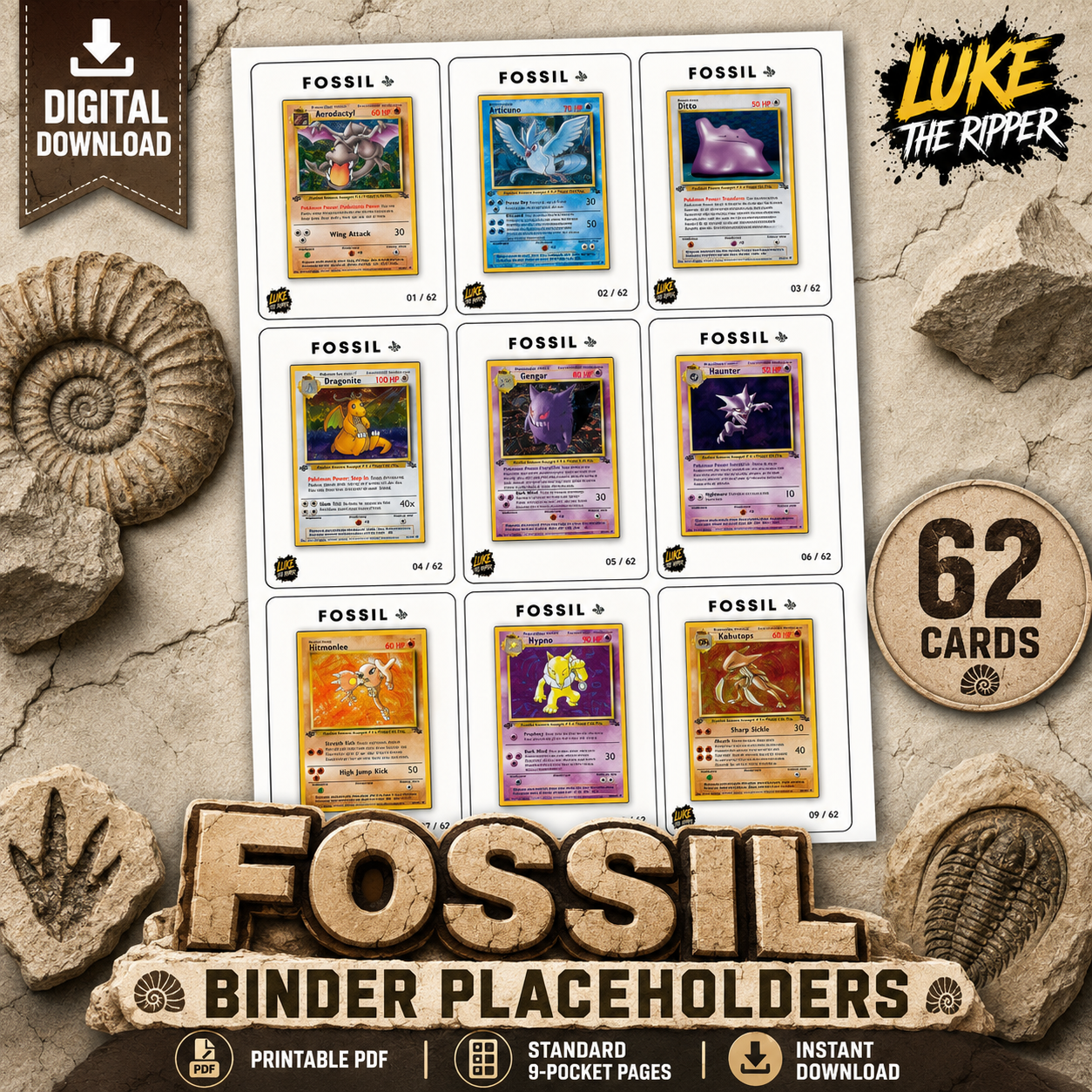Pokémon Fossil Binder Placeholders (62 Cards) | Printable PDF Digital Download