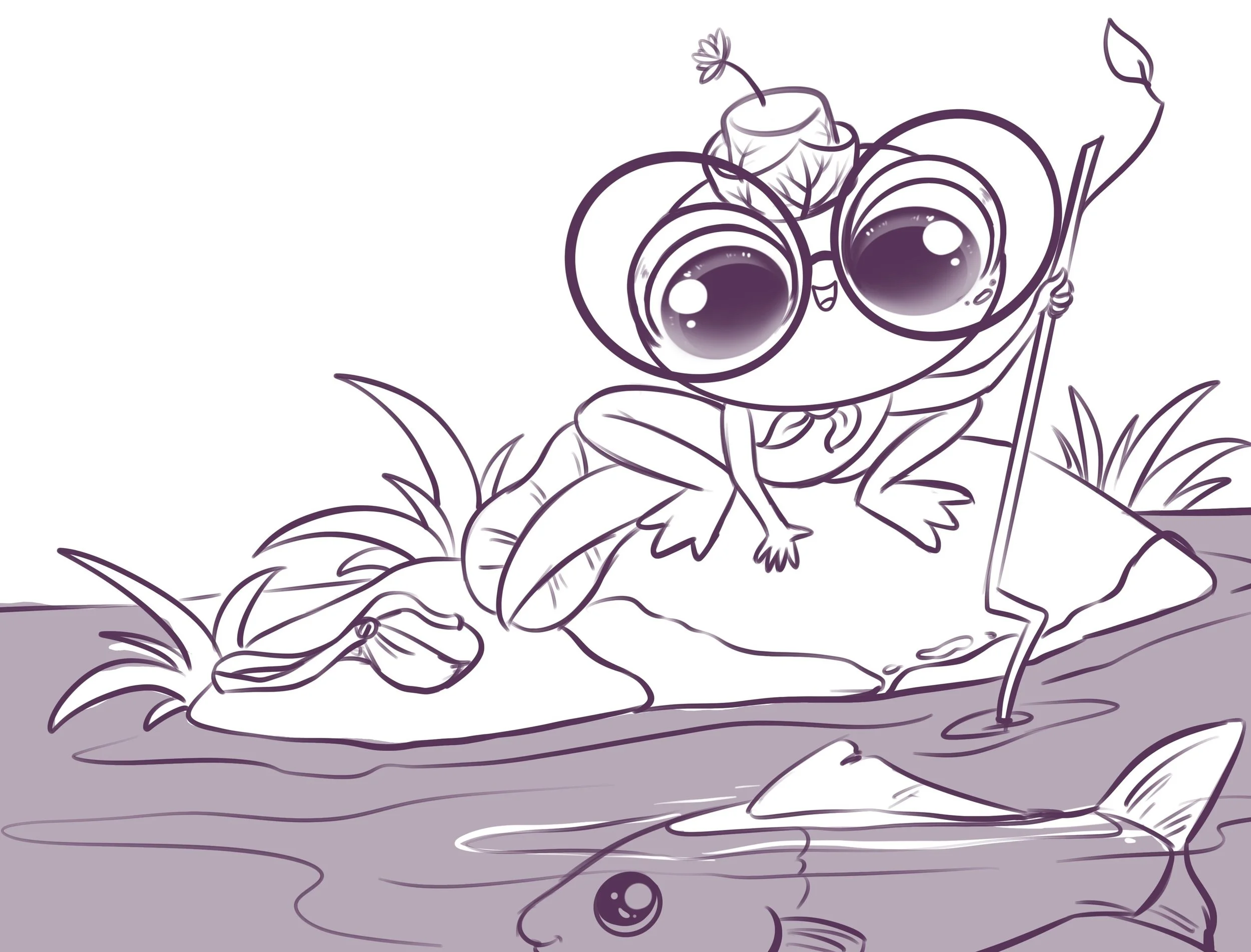 A cartoon of Loveland Frogman's daughter, Lily, wearing large glasses, a flower on her head, and a leaf hat, sitting on a rock with plants around it, holding her walking stick, while a fish is in the water nearby.
