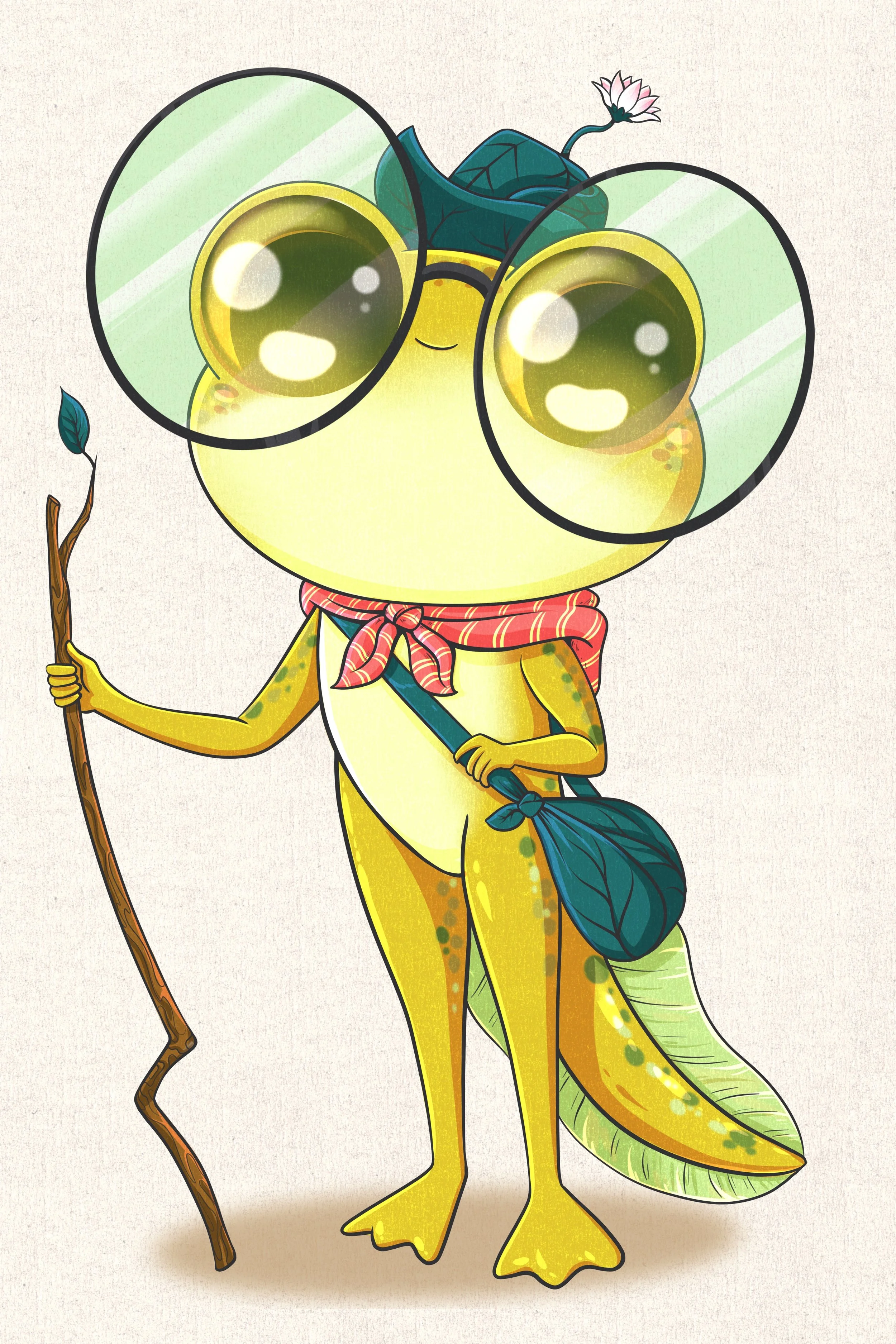 A cartoon of Loveland Frogman's daughter, Lily, with large glasses, standing upright, holding a wooden staff, with a leaf on its head, and wearing a scarf.
