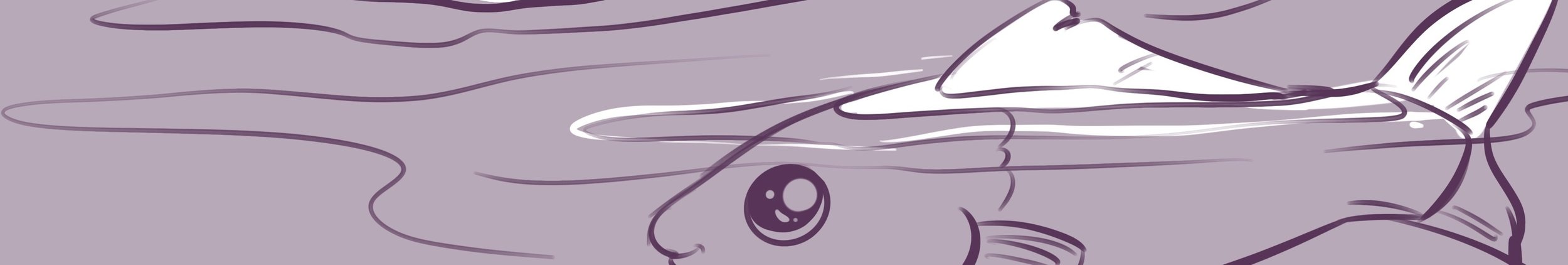 A drawing of a fish with large, expressive eyes, swimming in water.